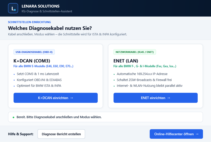 LENARA SOLUTIONS Kfz-Diagnose und Schnittstellen-Assistent Benutzeroberfläche